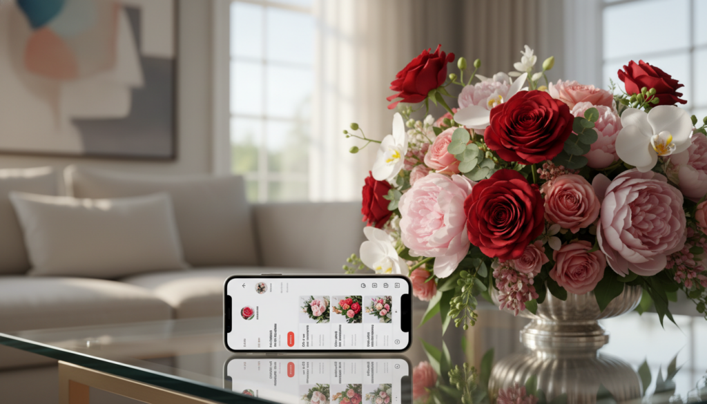 Comprar buquê de flores online — análise visual detalhada de um aplicativo de floricultura ao lado de flores reais.